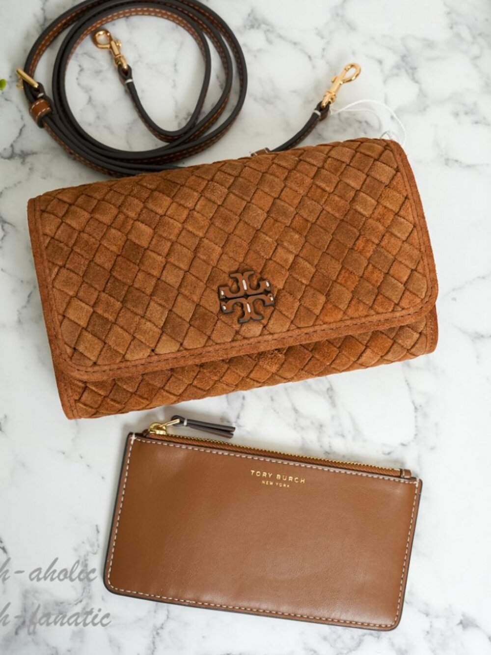 Tory Burch Thea Woven Suede Flat Wallet Crossbody in Chicory Brown NWT - Picture 1 of 16